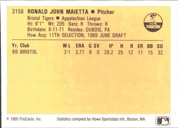 1990 ProCards #3158 Ron Maietta Back