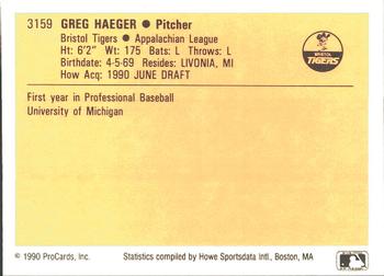 1990 ProCards #3159 Greg Haeger Back