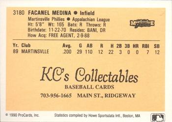 1990 ProCards #3180 Facaner Medina Back
