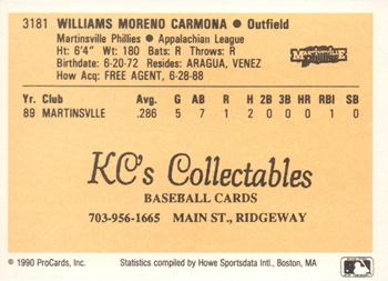 1990 ProCards #3181 Williams Carmona Back