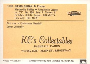 1990 ProCards #3188 David Croak Back