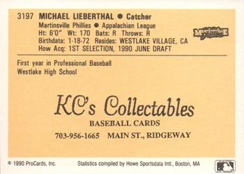 1990 ProCards #3197 Mike Lieberthal Back