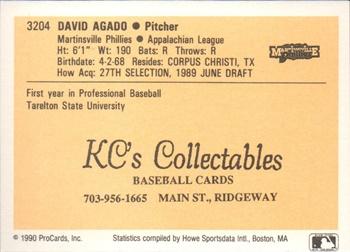 1990 ProCards #3204 David Agado Back
