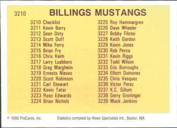 1990 ProCards #3210 Billings Mustangs Checklist Back