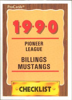 1990 ProCards #3210 Billings Mustangs Checklist Front