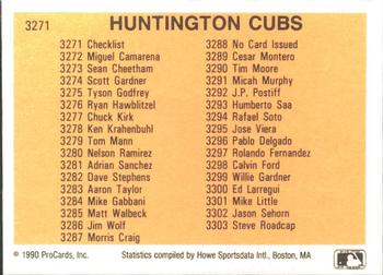 1990 ProCards #3271 Huntington Cubs Checklist Back