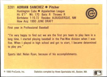 1990 ProCards #3281 Adrian Sanchez Back