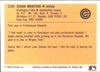 1990 ProCards #3289 Cesar Montero Back
