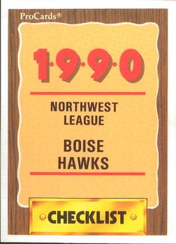 1990 ProCards #3304 Boise Hawks Checklist Front
