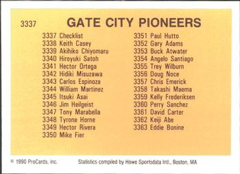 1990 ProCards #3337 Gate City Pioneers Checklist Back