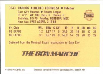 1990 ProCards #3343 Carlos Espinoza Back