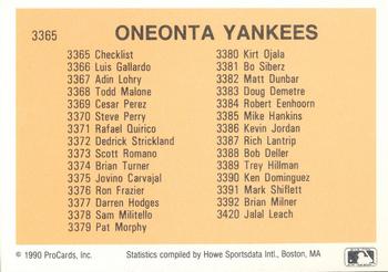 1990 ProCards #3365 Oneonta Yankees Checklist Back