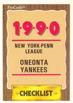 1990 ProCards #3365 Oneonta Yankees Checklist Front
