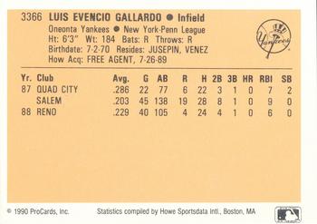 1990 ProCards #3366 Luis Gallardo Back