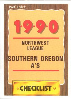 1990 ProCards #3421 Southern Oregon A's Checklist Front