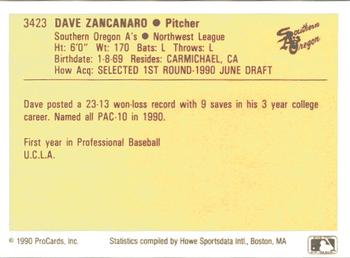 1990 ProCards #3423 Dave Zancanaro Back