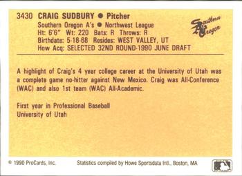 1990 ProCards #3430 Craig Sudbury Back