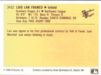 1990 ProCards #3432 Luis Lan Franco Back