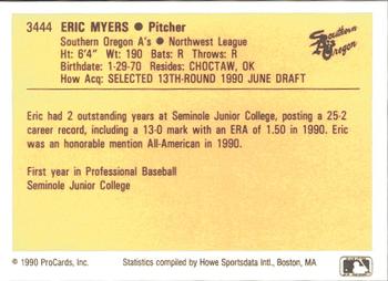 1990 ProCards #3444 Eric Myers Back