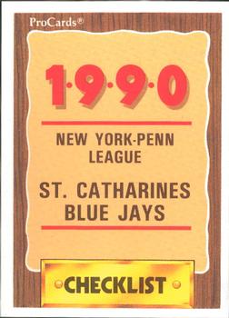 1990 ProCards #3451 St. Catharines Blue Jays Checklist Front