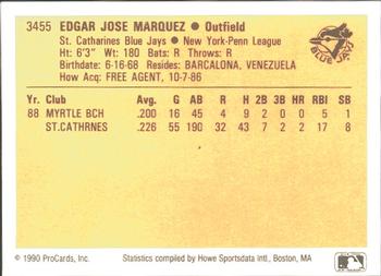 1990 ProCards #3455 Edgar Marquez Back