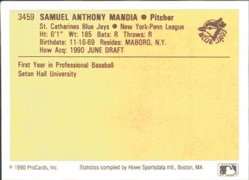1990 ProCards #3459 Sam Mandia Back