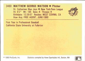 1990 ProCards #3460 Matt Watson Back