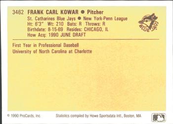 1990 ProCards #3462 Frank Kowar Back