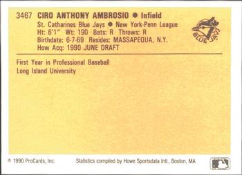 1990 ProCards #3467 Ciro Ambrosio Back