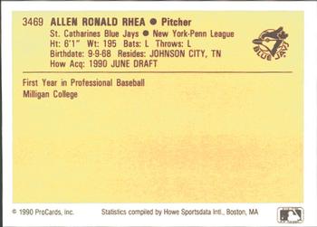 1990 ProCards #3469 Allen Rhea Back