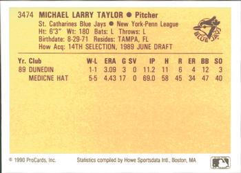 1990 ProCards #3474 Mike Taylor Back