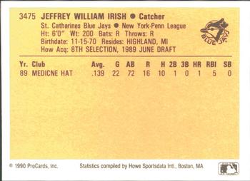 1990 ProCards #3475 Jeff Irish Back
