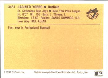 1990 ProCards #3481 Jacinto Yorro Back
