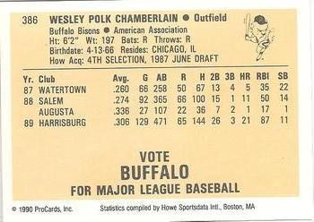 1990 ProCards #386 Wes Chamberlain Back