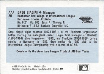 1991 ProCards Triple A All-Stars #AAA39 Greg Biagini Back