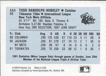 1991 ProCards Triple A All-Stars #AAA49 Todd Hundley Back