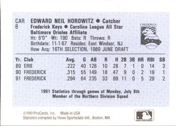 1991 ProCards Carolina League All-Stars #CAR8 Ed Horowitz Back