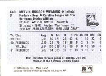 1991 ProCards Carolina League All-Stars #CAR9 Mel Wearing Back