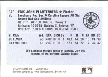 1991 ProCards Carolina League All-Stars #CAR26 Erik Plantenberg Back