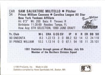 1991 ProCards Carolina League All-Stars #CAR34 Sam Militello Back