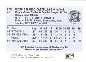 1991 ProCards Carolina League All-Stars #CAR40 Pete Castellano Back