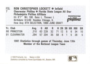 1991 ProCards Florida State League All-Stars #FSL7 Ron Lockett Back