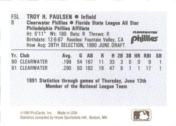 1991 ProCards Florida State League All-Stars #FSL8 Troy Paulsen Back