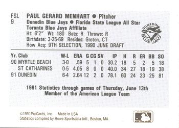1991 ProCards Florida State League All-Stars #FSL9 Paul Menhart Back