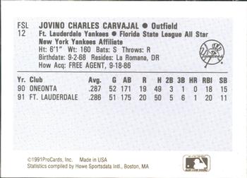 1991 ProCards Florida State League All-Stars #FSL12 Jovino Carvajal Back