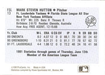 1991 ProCards Florida State League All-Stars #FSL13 Mark Hutton Back