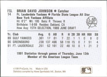 1991 ProCards Florida State League All-Stars #FSL14 Brian Johnson Back