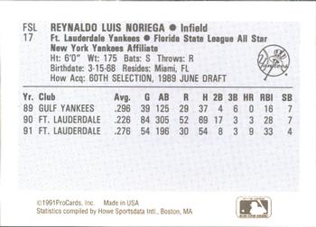 1991 ProCards Florida State League All-Stars #FSL17 Rey Noriega Back