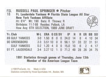1991 ProCards Florida State League All-Stars #FSL18 Russ Springer Back