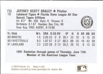 1991 ProCards Florida State League All-Stars #FSL19 Jeff Braley Back